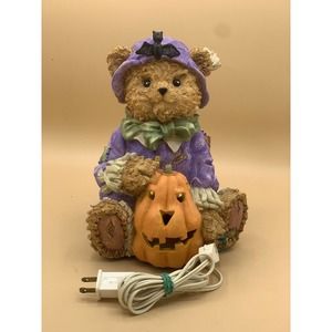 Vintage 9.5’’ Halloween Bear w/bat on Hat Holding Light Up Pumpkin
